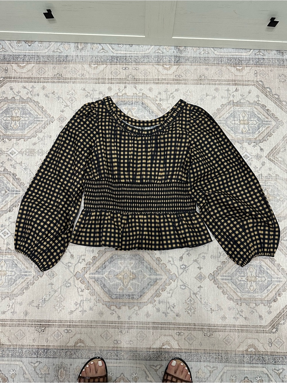 Anthropologie Smocked Waist Black and Tan Check Peplum Blouse - Women Tops - Picture 5 of 7